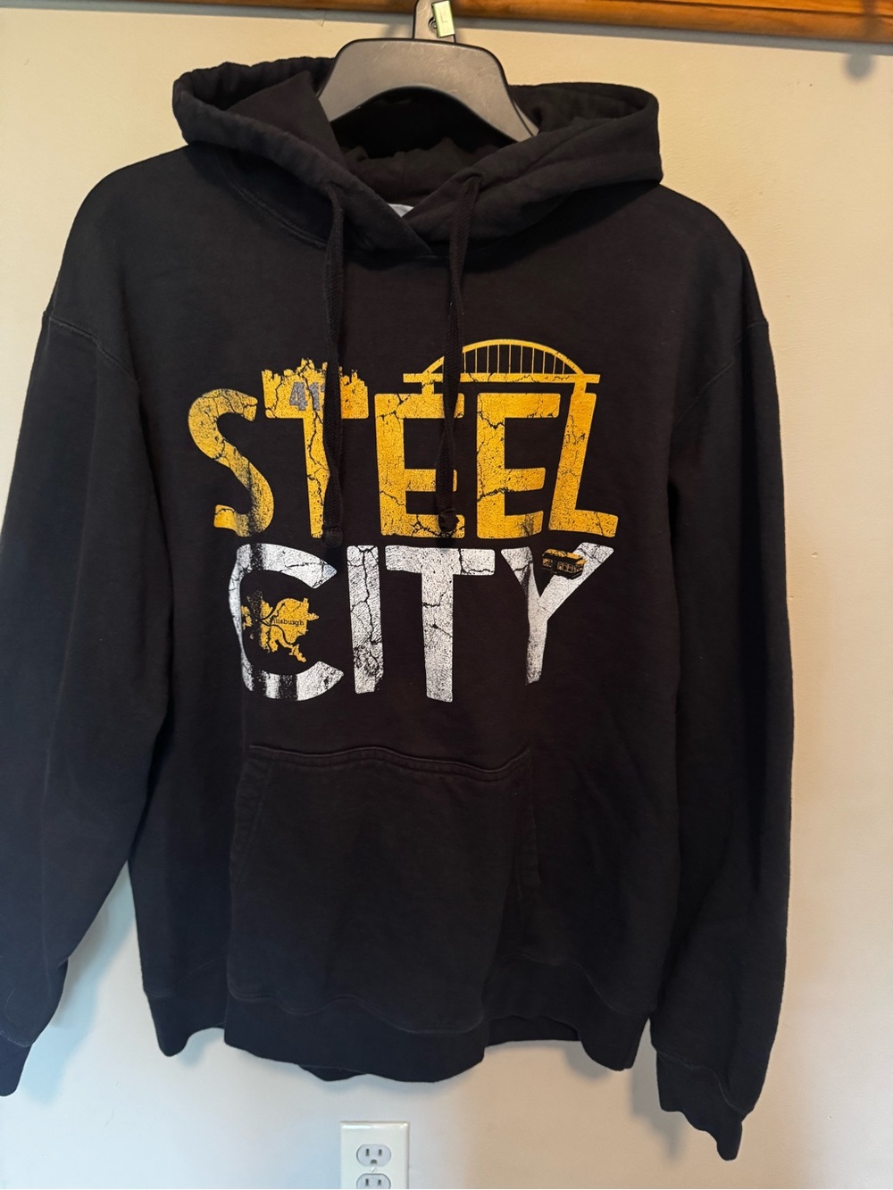 Black Steel City Graphic Pullover Hoodie with Yellow & White Print